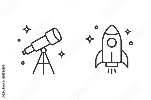 Minimalist space icons telescope and rocket vector set, linear style astronomy symbols, cartoon rocket launch and stargazing telescope illustration, transparent background