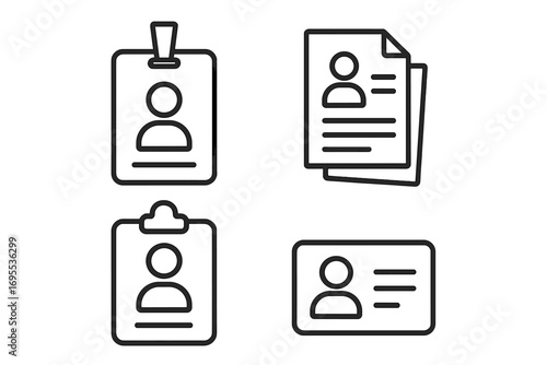 ID card line icon set. Employee badge, staff pass, and documents vector. Personal data, resume, and clipboard pictogram. Identity verification, HR, and corporate work symbol.