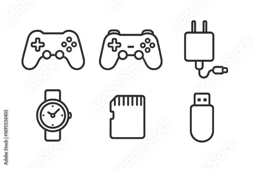 Technology and gadgets thin line icon set. Gamepad, joystick, charger, watch, memory card, USB flash drive. Vector linear pictograms. Editable stroke for web, apps, UI, UX.