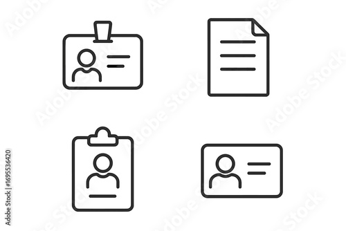 Business icons set. Employee badge, ID card, personal data document, and clipboard with user profile. Simple linear pictograms for corporate identity and staff identification.