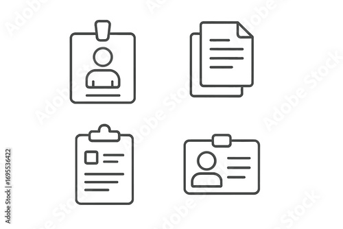 Employee badge, documents, and ID card simple linear icon set. Office work, identification, and personal file concept. Minimalistic pictograms for business and web design.