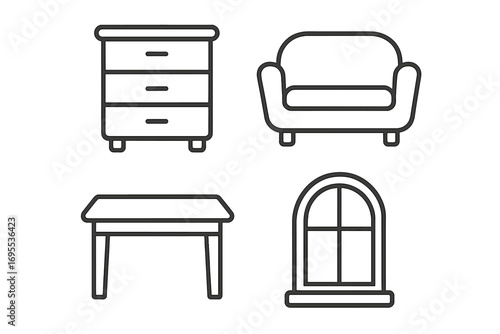 Furniture line icon set. Dresser, couch, table, window. Home interior design elements. Simple outline symbols for web, apps, infographics. Minimalist vector graphics.