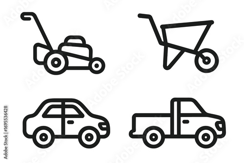 Lawn mower and vehicle icon set for gardening and transport. Line art vector drawings of a car, pickup truck, and wheelbarrow. Simple, clean, minimalist outline symbols.
