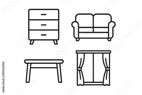 Furniture line icon set. Dresser, couch, table, window symbols. Home interior, living room decor collection. Minimal linear pictogram for web, app, ui, ux design.