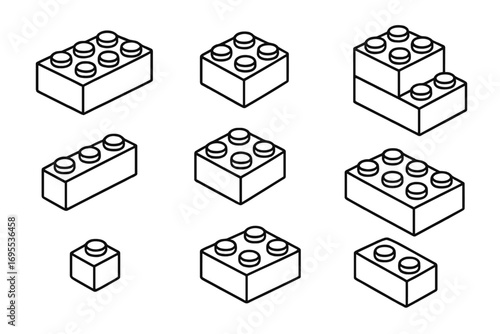 Building blocks outline collection. Isometric toy constructor bricks vector icons. Linear plastic block for construction games. Childhood creative learning and development concept.