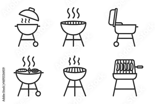 Barbecue grill line icons set. Vector BBQ cookout symbols collection. Outdoor cooking, summer party and picnic concept. Charcoal grill equipment with smoke, steak & sausage.