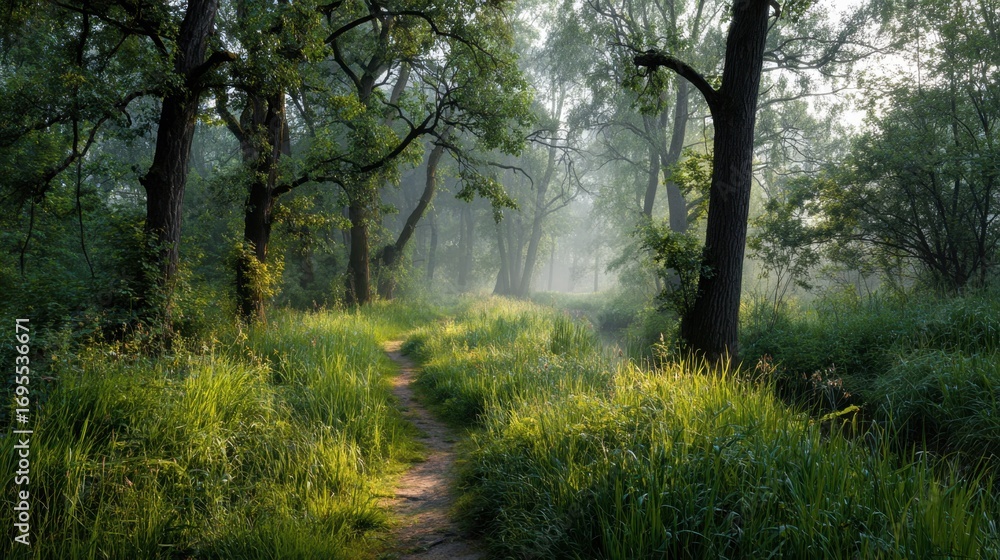 Obraz premium Serene Forest Pathway with Morning Mist and Lush Greenery
