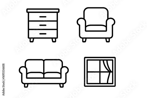 Furniture line icon set. Home interior design elements. Outline symbols of dresser, armchair, sofa, window. Minimalist pictogram collection for web, app, UI, UX design.