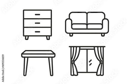 Furniture line icon pack. Modern collection for design, websites, and apps. Contains linear symbols of a dresser, couch, sofa, table, and window. Interior elements vector set.