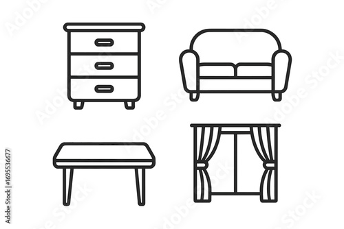 Furniture line icon pack for interior design. Modern outline pictogram collection of home decor elements. Vector set with dresser, sofa, table, window for web and apps.