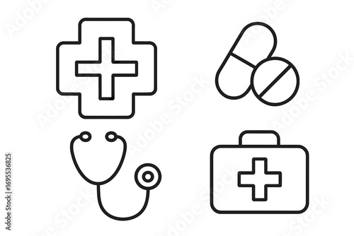 Medical and health care linear icon pack. Modern vector collection of outline symbols for web and app design. Includes stethoscope, pharmacy pills, doctor bag, medical cross.