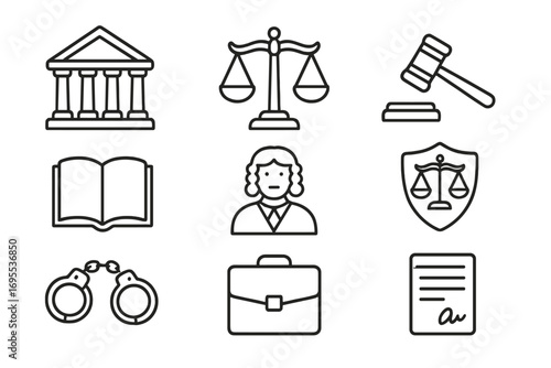 Law and justice icon set. Linear symbols for legal concepts. Vector collection with courthouse, gavel, scales, judge, and handcuffs. Legal system and crime pictogram pack.