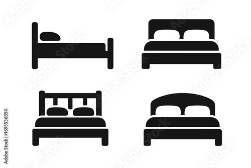 Bed icon set. Hotel sleep symbol collection. Minimalist black silhouette pictogram of bedroom furniture. Simple glyph for home decor, rest and booking app. Vector logo.