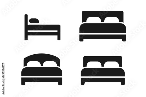 Bed icon set. Minimalist furniture silhouette for bedroom and home decor. Hotel sleep symbol. Single and double bed vector illustration. Simple black monochrome graphic.