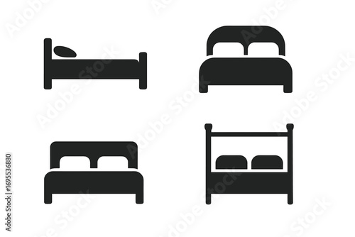 Bed icon set vector graphic. Simple black silhouette symbol collection for sleep, bedroom furniture & home decor. Minimalist design elements for hotel, motel, hostel pictogram.