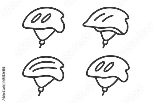 Bicycle helmet icon set. Line art vector illustration of bike safety headgear. Minimalist outline design collection for cycling and sports protection. Simple cartoon symbols.