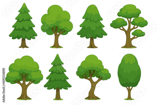 Cartoon tree collection. Vector illustration set of different green trees. Forest, park and nature plant elements. Pine, spruce and deciduous wood for game or web design.