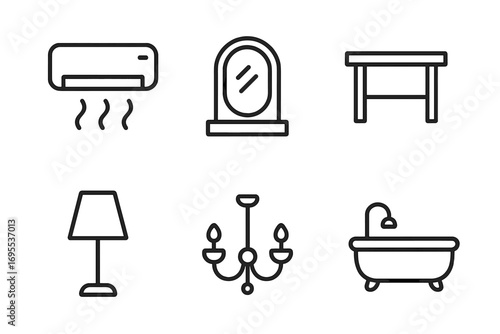 Interior line icon set. Furniture and home elements. Includes air conditioner, mirror, table, lamp, chandelier, bathroom icons. Editable outline vector for web and app design.