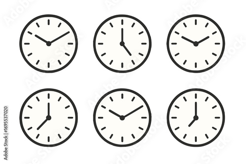 Minimalist clock icon set with six simple vector designs showing different times. Flat wall clock illustration. Concept for time management, schedule, appointment, deadline.