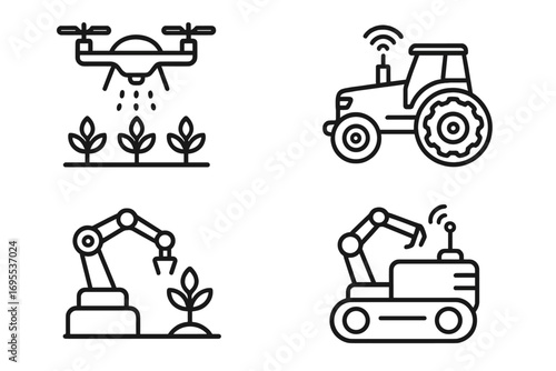 Modern farming technology icons featuring drone irrigation, smart tractors with wireless control, robotic arms for planting and harvesting, innovative agricultural automation vector illustration