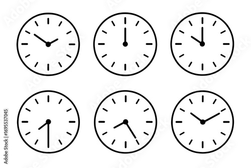 Minimalist clock icon set. Six simple analog wall clocks showing different times. Vector illustration for time management, schedule, deadline concepts. Watch face collection.