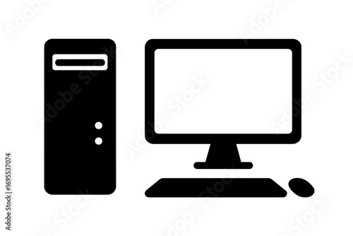Desktop computer silhouette. Personal computer PC icon. Workstation symbol. Minimalist vector of monitor, tower case, and mouse. Technology concept. Office electronics.