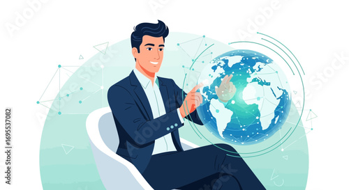Global Business Technology: A Modern Businessman Interacting With The World With Great Enthusiasm