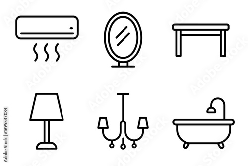 Interior design line icon set. Home furniture and appliance outline icons. Vector symbols of conditioner, mirror, table, lamp, chandelier, bathroom for app and web design.