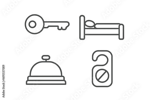 Modern linear style hotel icons set including key, bed, service bell, and do not disturb door hanger symbols, vector cartoon illustration, transparent background, ordered icons collection