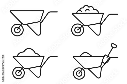 Wheelbarrow line art icon set for construction and gardening. Vector illustration of work tools like shovel, cart with soil, sand, cement. Concept of building, renovation.