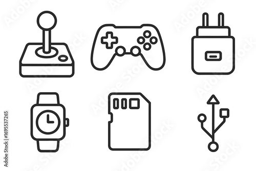 Technology and gaming line icon set. Vector collection of joystick, gamepad, charger, watch, memory card, USB symbol. Electronic gadgets and device icons with editable stroke.