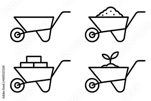 Minimalist line art wheelbarrow icon set for construction and gardening projects. Vector cartoon illustration of a work tool with soil, bricks, and a plant. Farm and building equipment.
