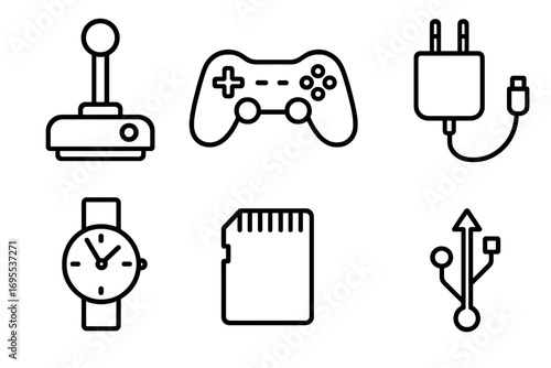 Technology gadget line icon set. Includes joystick, gamepad, charger, watch, memory card, USB symbol. Vector illustration for web, apps, and UI design. Editable stroke.