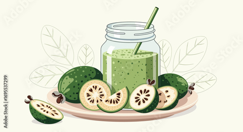 Refreshing Feijoa Smoothie In A Mason Jar With Vibrant Green Fruit, Flatlay