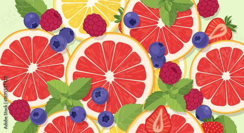 Refreshing Fruity Composition Featuring Grapefruit, Berries and Mint on Pale Green
