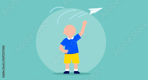 A kid throwing a paper airplane, simple illustration on plain background