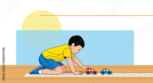 A kid playing with toy cars on a straight line road, an illustration concept