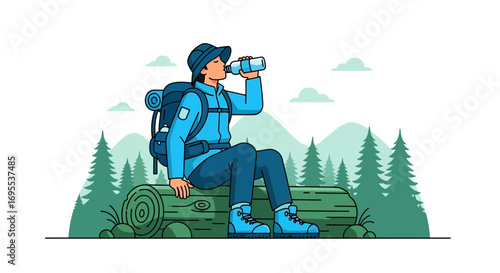 Refreshing Hiker: Drinking Water While Resting on Timber in Mountainous Wilderness Scene