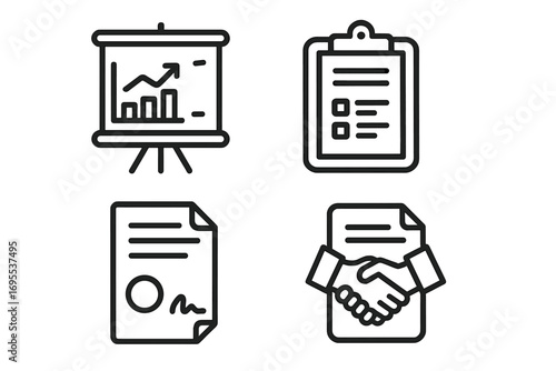 Business line icon set with presentation growth chart, clipboard checklist, signed document, contract, and agreement handshake. Vector pictogram collection for corporate concepts.