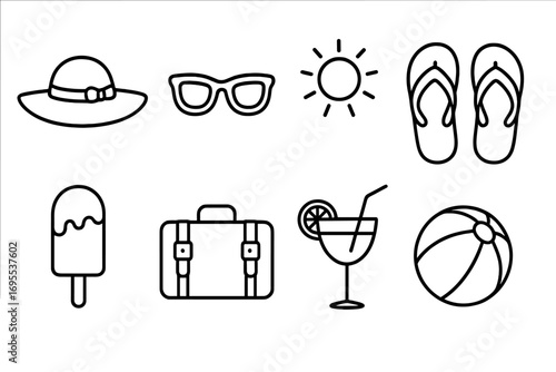 Summer vacation essentials icon set. Linear outline icons for beach travel in minimalist style. Vector illustration of sun, hat, sunglasses, cocktail, and suitcase.
