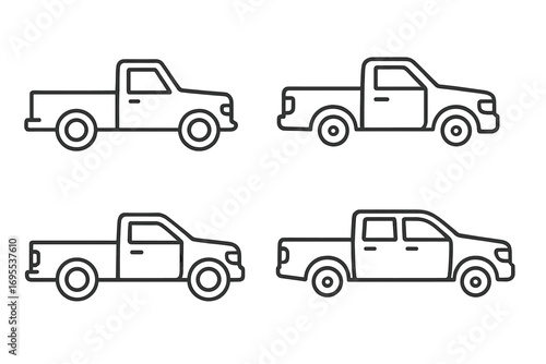 Pickup truck line art icon set. Collection of minimalist vehicle designs in side view. Vector cartoon illustration of different trucks. Simple outline automotive symbols.