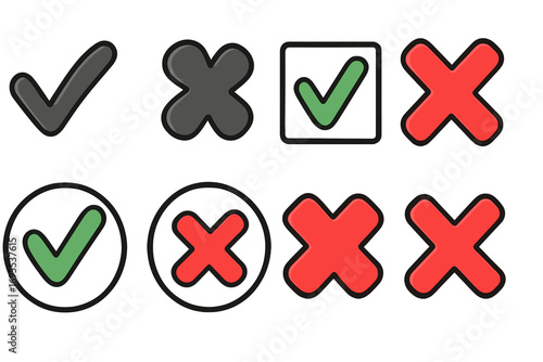 Various check and cross symbols collection for user interface design, instructions, choices, validation marks, approval and rejection icons, cartoon style vector set with transparency