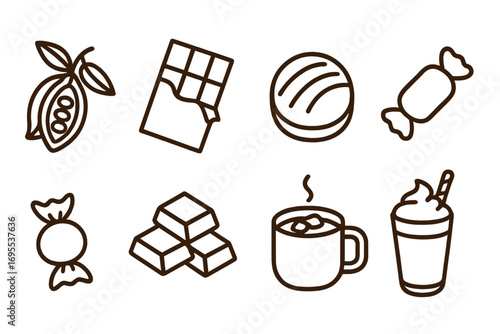 Various chocolate and confectionery symbols featuring cocoa beans, chocolate bars, assorted candies, hot chocolate drink, and creamy dessert in simple line art style, vector cartoon illustration