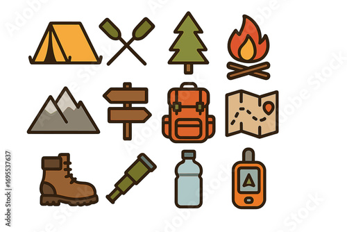 Minimalist outdoor adventure icons set with camping tent, hiking boots, backpack, campfire, map, binoculars, mountain, tree, paddle, signpost, water bottle, and GPS vector illustration