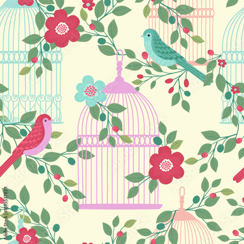 Charming seamless pattern featuring pastel birdcages, colorful birds, and blooming flowers on soft background. Perfect for fabric prints, wallpaper, gift wrap, and spring decorative design project.