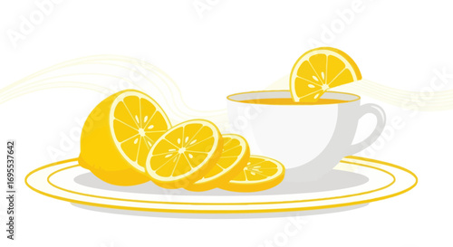 Refreshing Lemon Tea Composition on Saucer Illustrates Healthy Citrus Flavored Drink