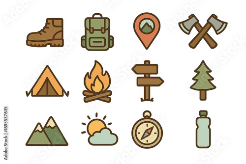 Outdoor adventure icon set with minimalist camping hiking symbols, backpack, boot, campfire, compass, mountain, tree, axes, tent, water bottle, navigation signs, sun cloud vector cartoon