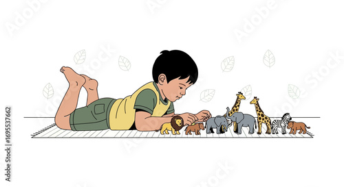 A Little Boy Plays with Toy Animals on a Rug in This Children's Illustration