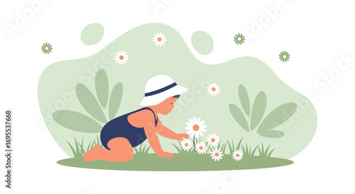 A Little Child In The Summer Field Is Exploring Flowers And The Surrounding Nature