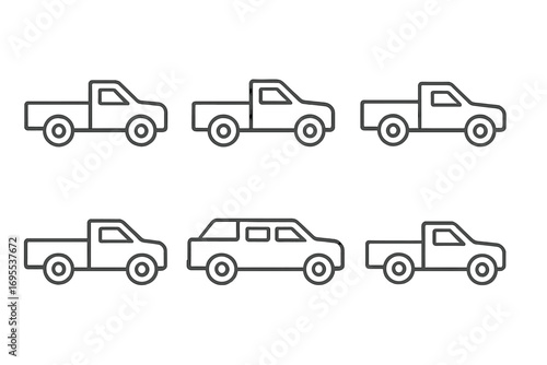 Pickup truck vector icon set. Minimalist car outline collection. Simple vehicle silhouette in linear style. Automobile transport symbols for graphic design. Side view illustration.